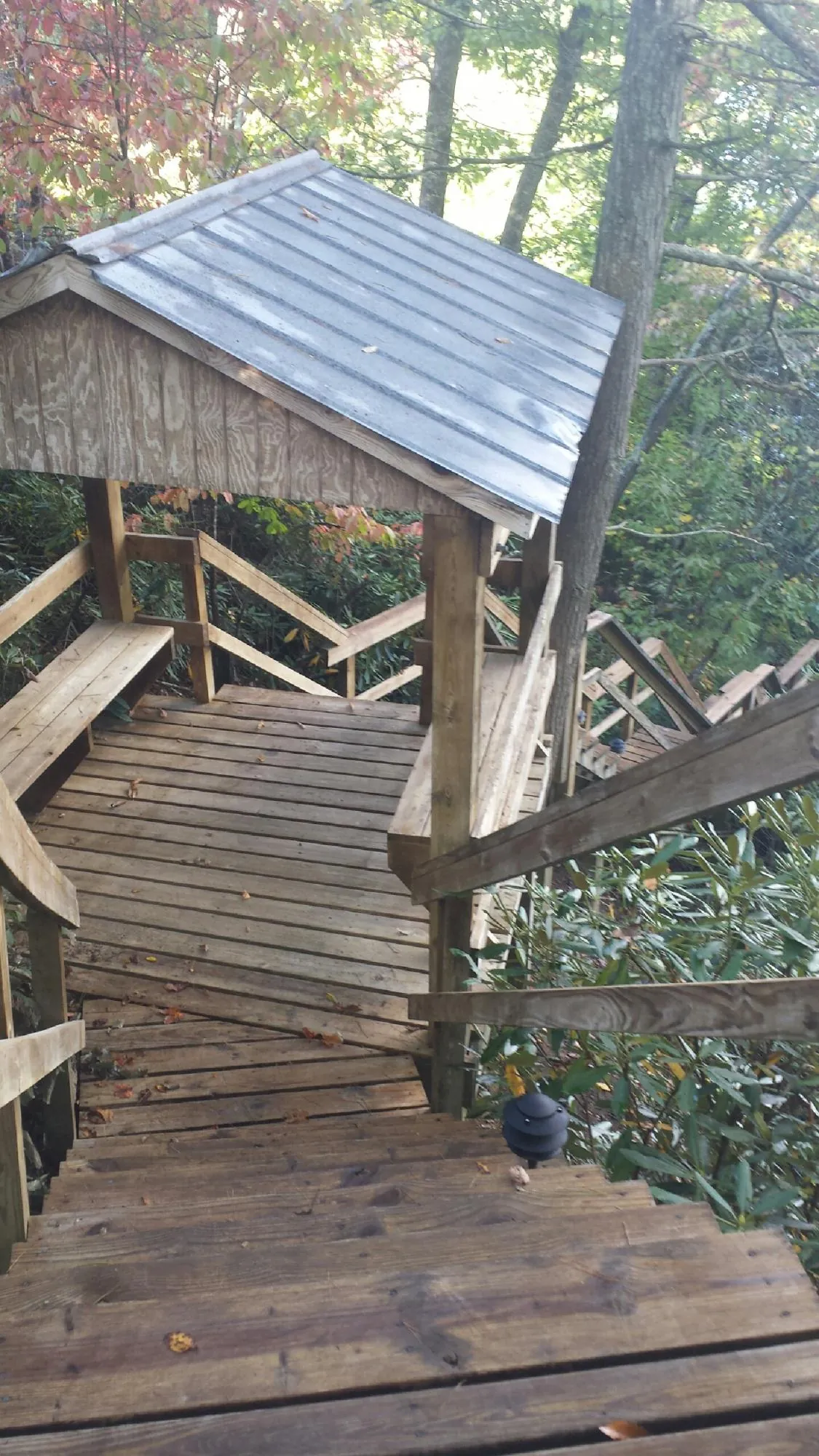 Metal roofed shelter over wooden steps on a wooded walkway — Skylight Repair & Installation work by our crew in Pell Lake